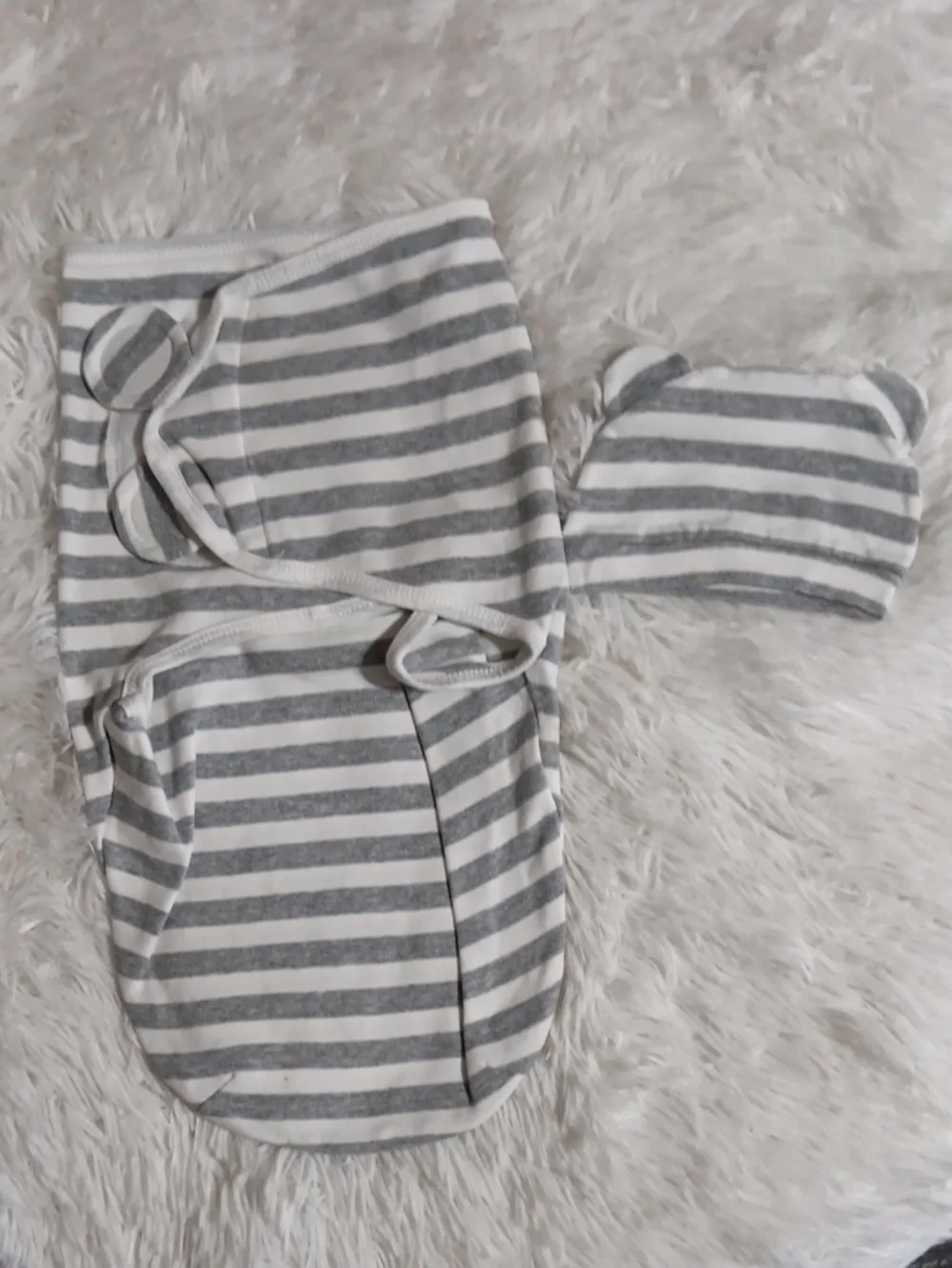 Gray & White Striped Baby Swaddle Sack with Hat